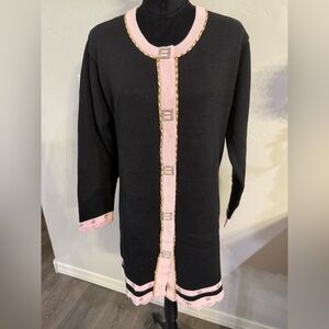 Storybook Knits Black Floor Duster Cardigan with Pink and Gold Details. Size L